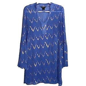Chiffon Shift Dress Shirt Dress Large V Neck Long Bell Sleeve Blue Gold Rock 47